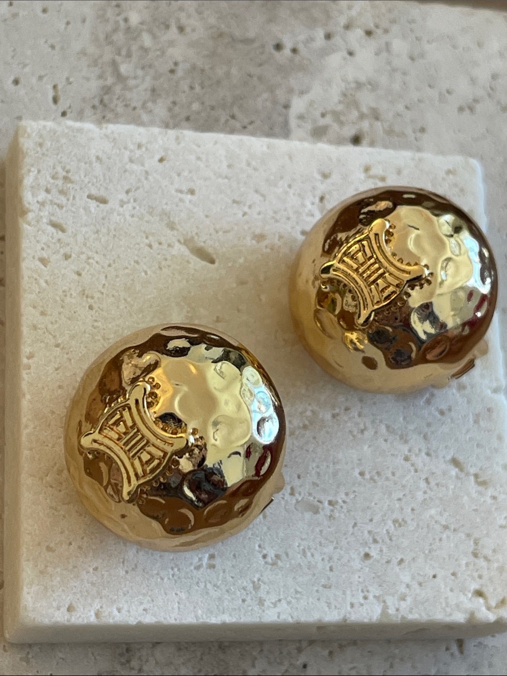 Celine Hammered Dome Logo Gold Clip-On Earrings - Picture 4 of 5